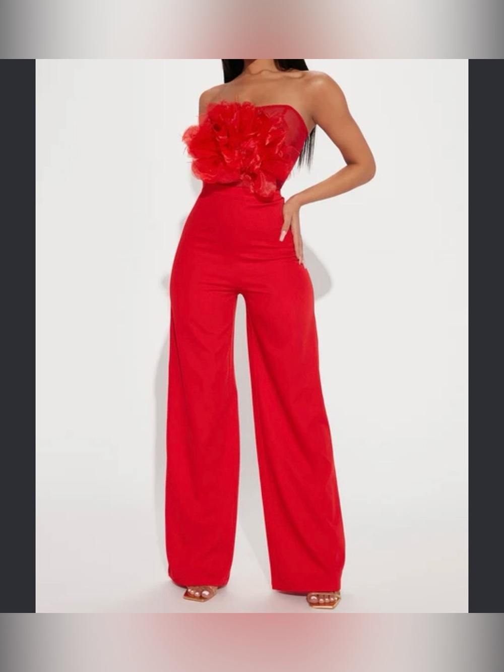Fashion Nova Red Strapless Wide-Leg Jumpsuit with Floral Bodice Detail